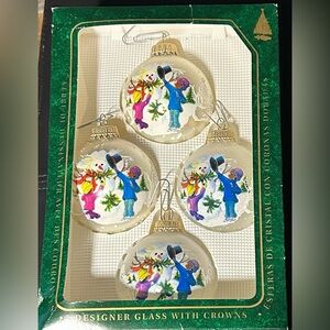Set of 4 Vintage FROSTY The SNOWMAN Scene Christmas by Krebs Glass Ornaments